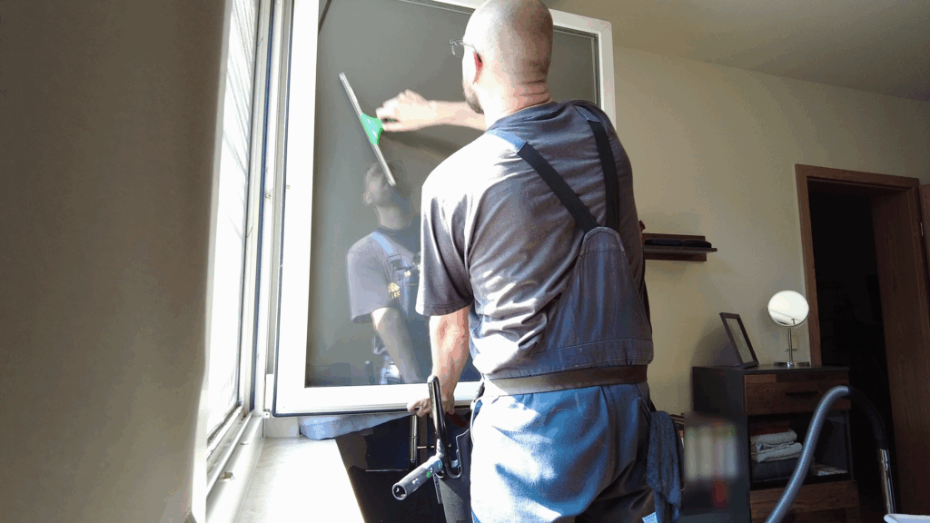 Kai Sparmann bei der Fenster Reinigung bzw. beim Fenster putzen
