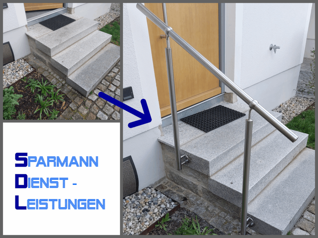 Ein Vorher / Nachher Bild von einer dreistufigen Treppe, an der ein einfaches Geländer montiert wurde.