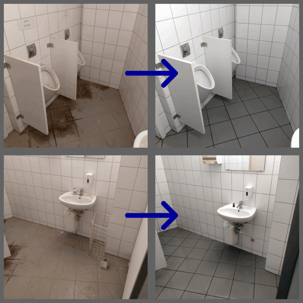 Eine Vorher / Nachher Gegenüberstellung einer extrem verschmutzten, öffentlichen Toilette. Im Nachher Teil ist die Toilette sauber. 
